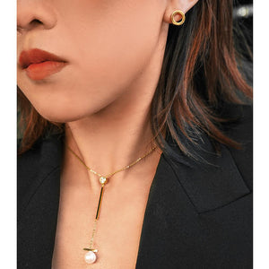 Pearl with Bar Pendant Drop in 14K Plated Gold Necklace