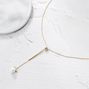 Pearl with Bar Pendant Drop in 14K Plated Gold Necklace