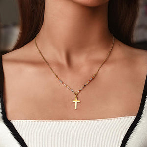 Colorful Beaded Cross in 14K Plated Gold Necklace