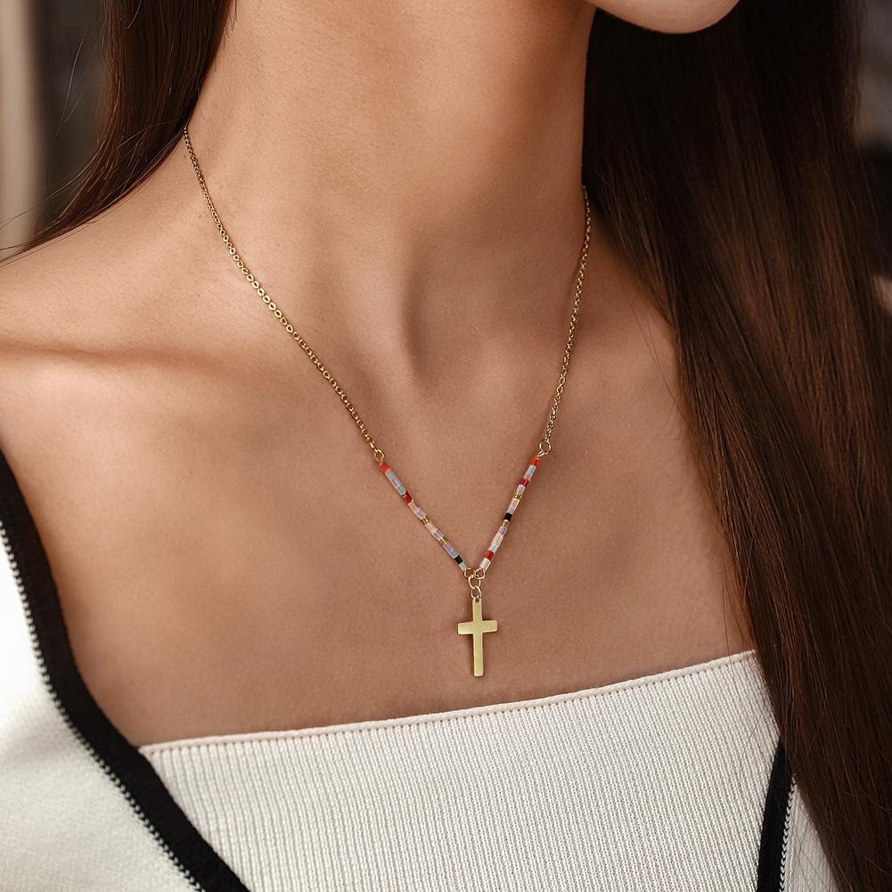 Colorful Beaded Cross in 14K Plated Gold Necklace