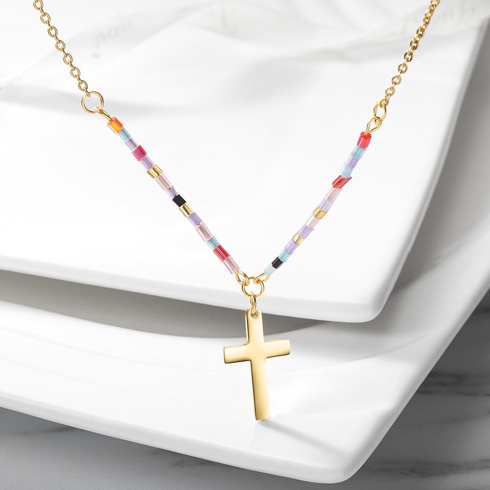 Colorful Beaded Cross in 14K Plated Gold Necklace