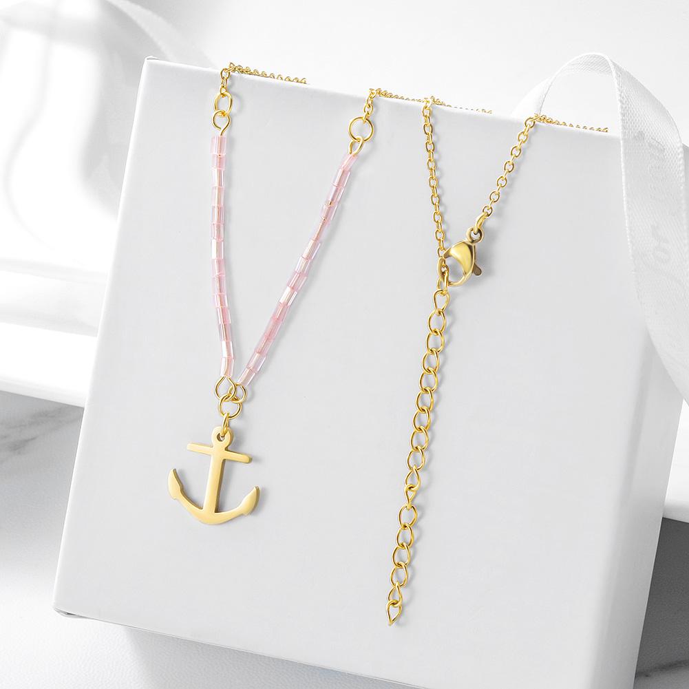 Pink Beaded Anchor Pendant in 14K Plated Gold Necklace