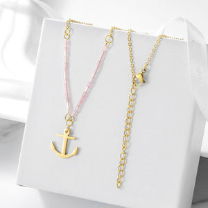 Pink Beaded Anchor Pendant in 14K Plated Gold Necklace
