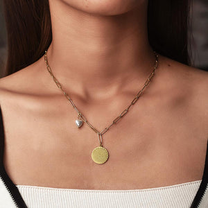 Disc Coin with Love-shaped Pearl Pendant in 14K Plated Gold Necklace
