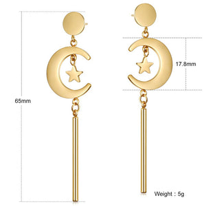 Star & Moon Long Drop in 14k Plated Gold Earrings