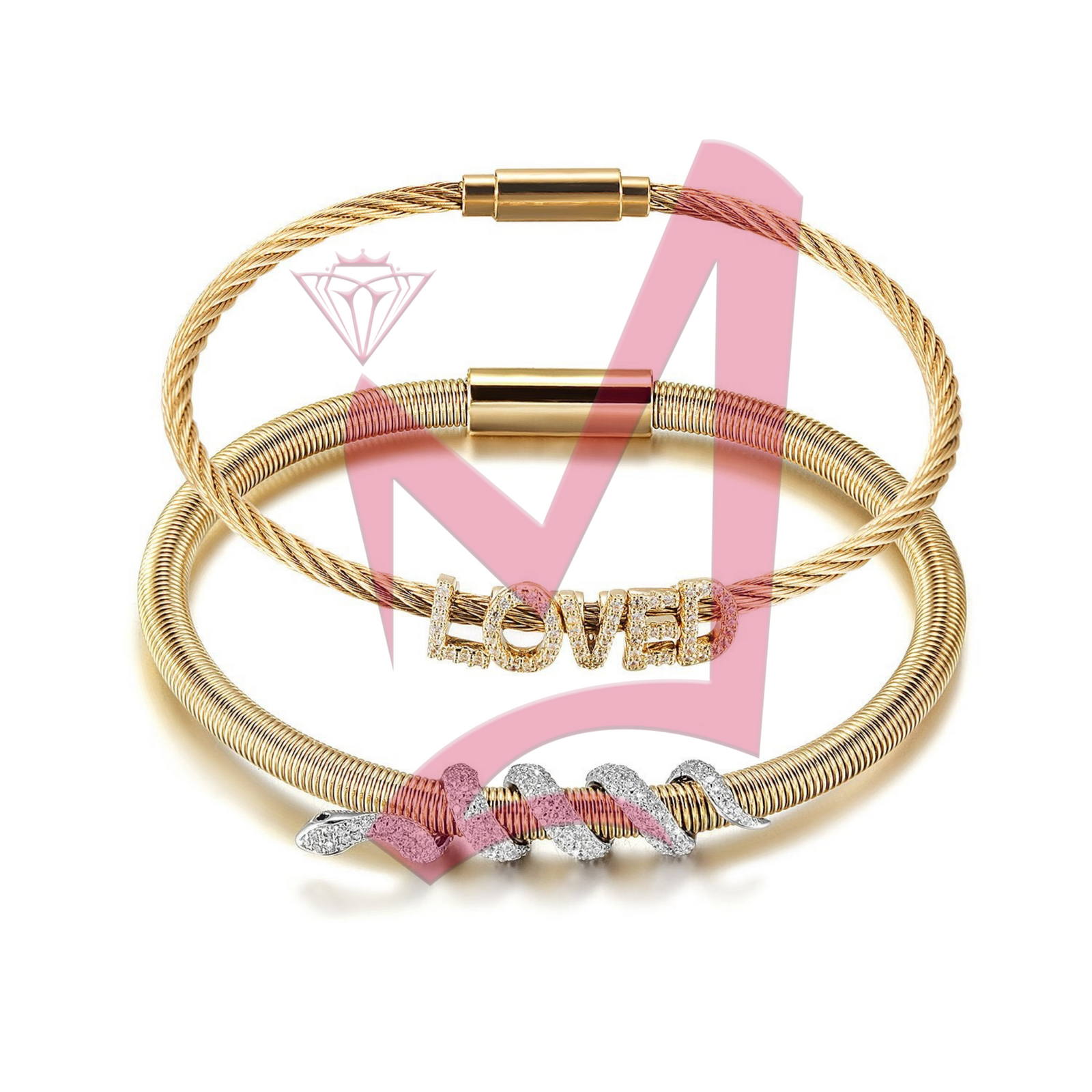 Snake Coiled Loved Paved Bangle Set