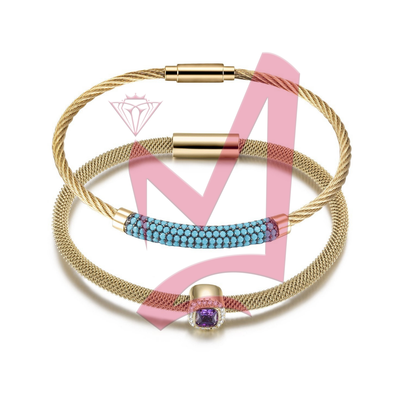 Gemstone CZ Halo Bangle Set