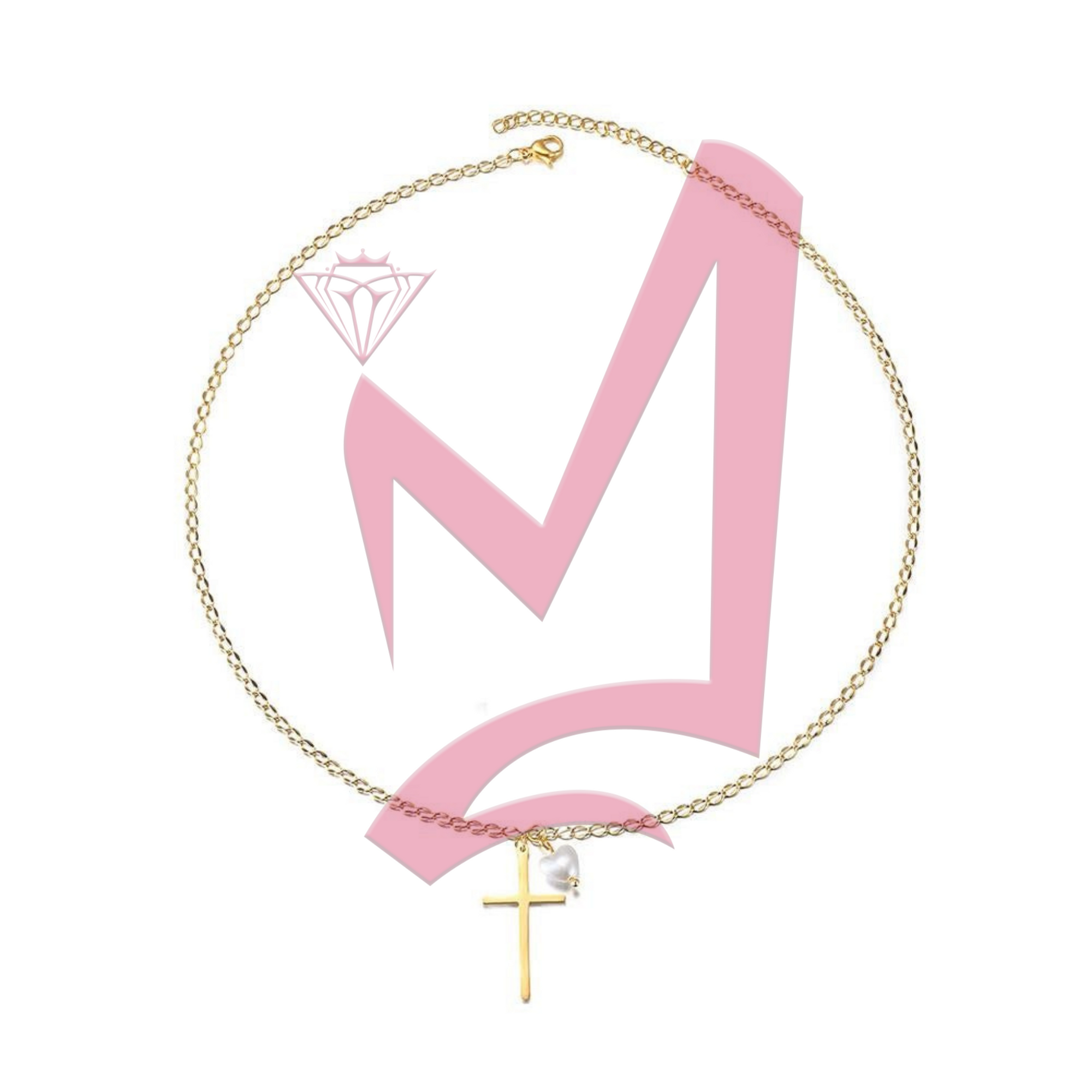 Cross with Love-shaped Pearl Pendant in 14K Plated Gold Necklace