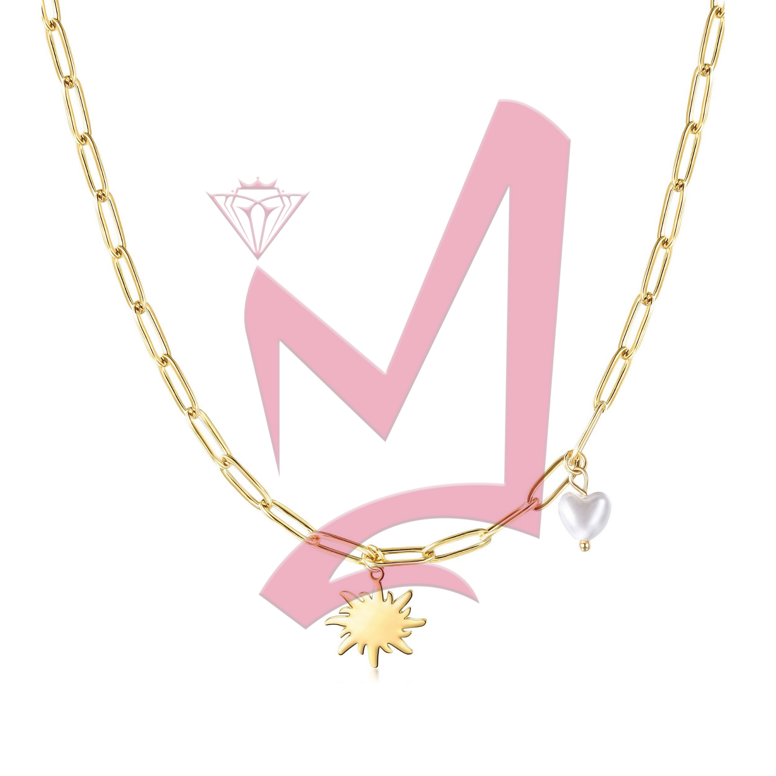 Sun with Heart-shaped Pearl Pendant in 14K Plated Gold Necklace