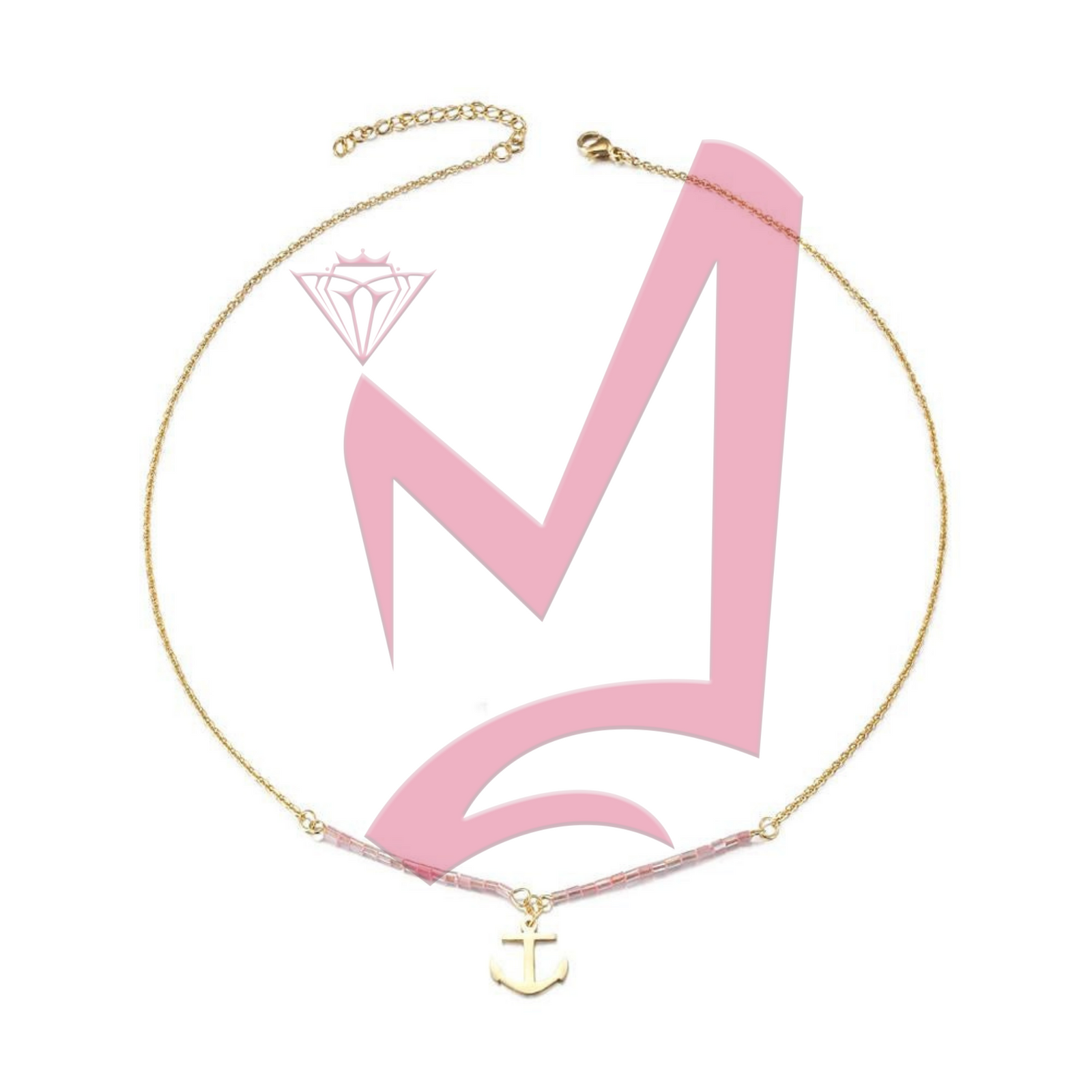 Pink Beaded Anchor Pendant in 14K Plated Gold Necklace