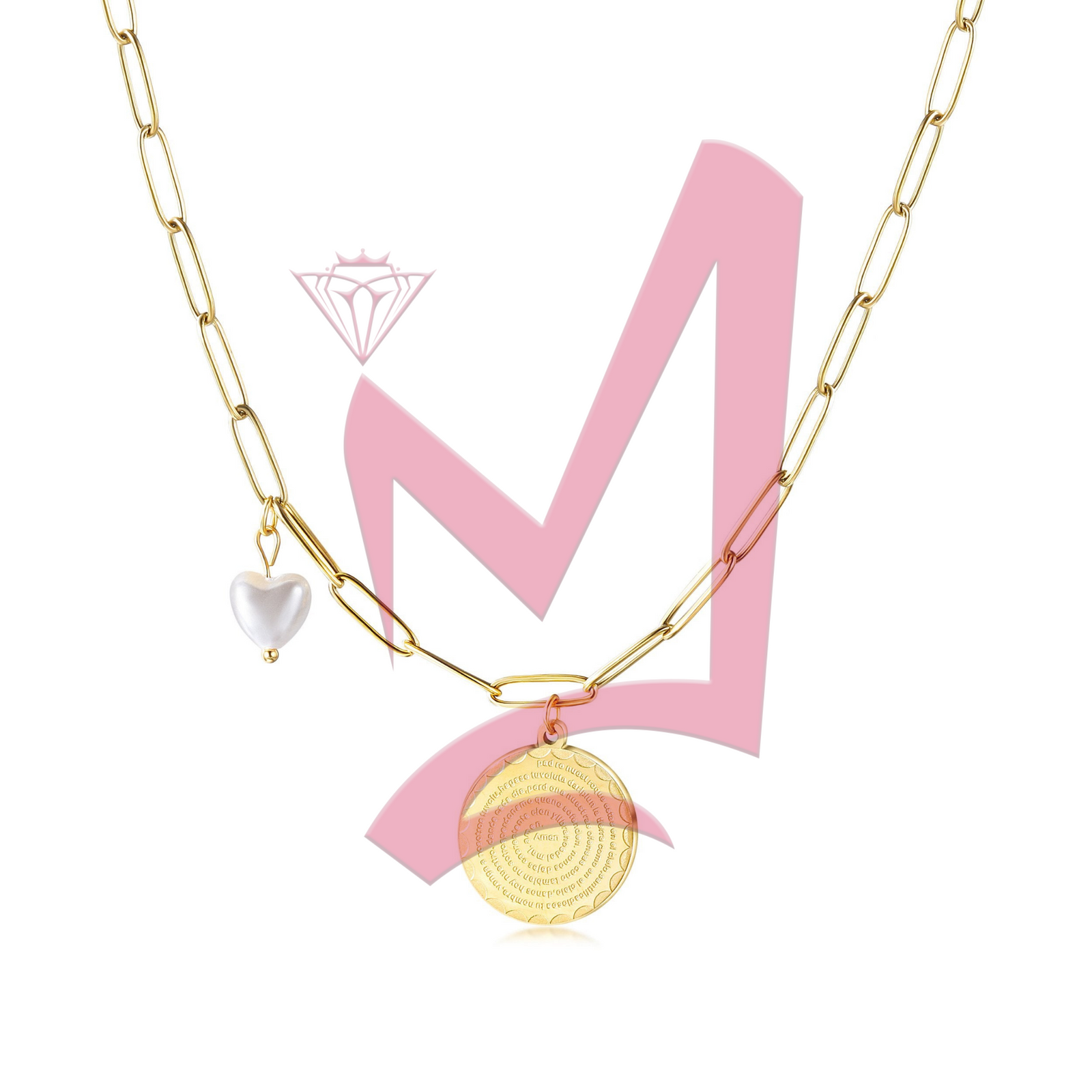 Disc Coin with Love-shaped Pearl Pendant in 14K Plated Gold Necklace