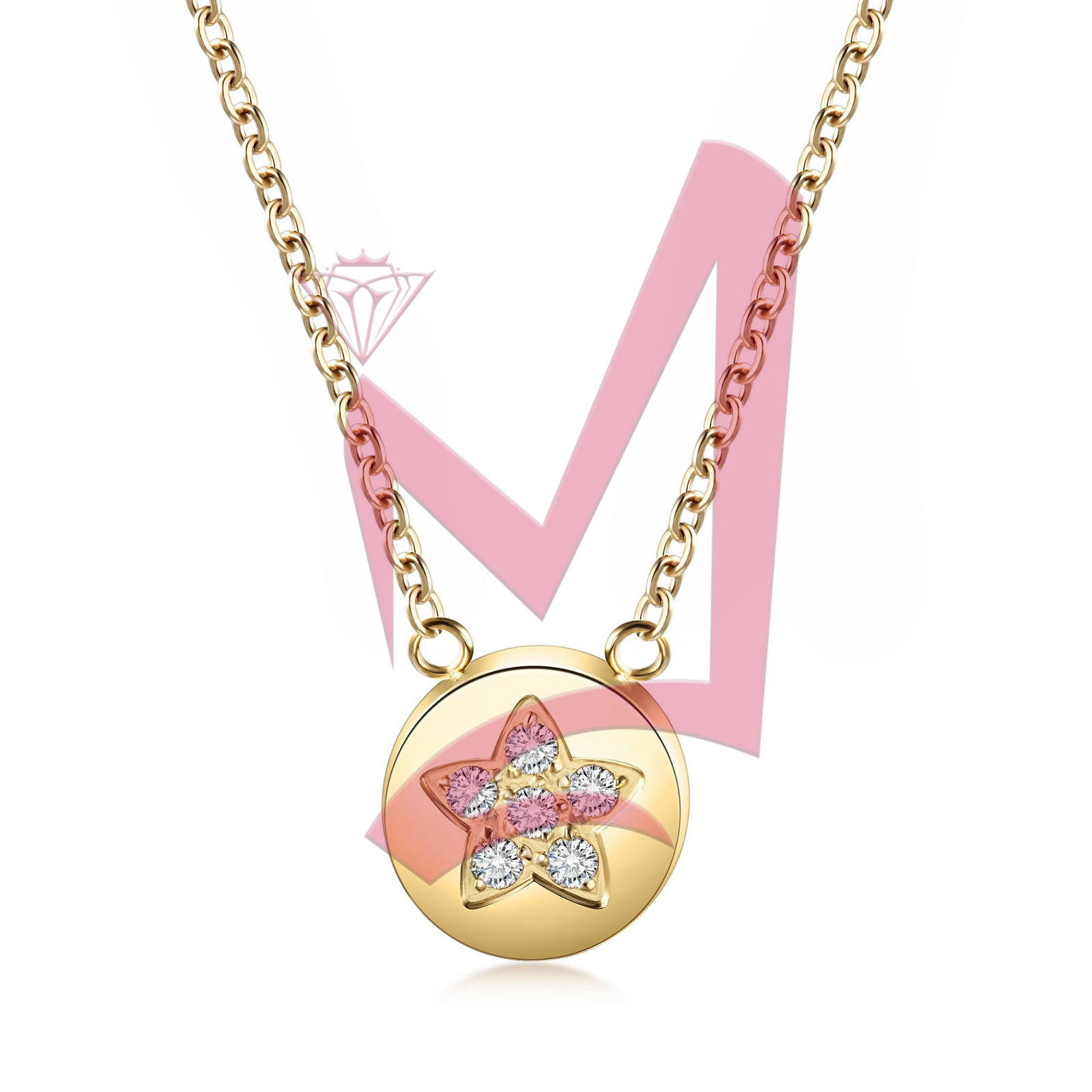 CZ Star Shaped Disc Pendant in 14K Plated Gold Necklace