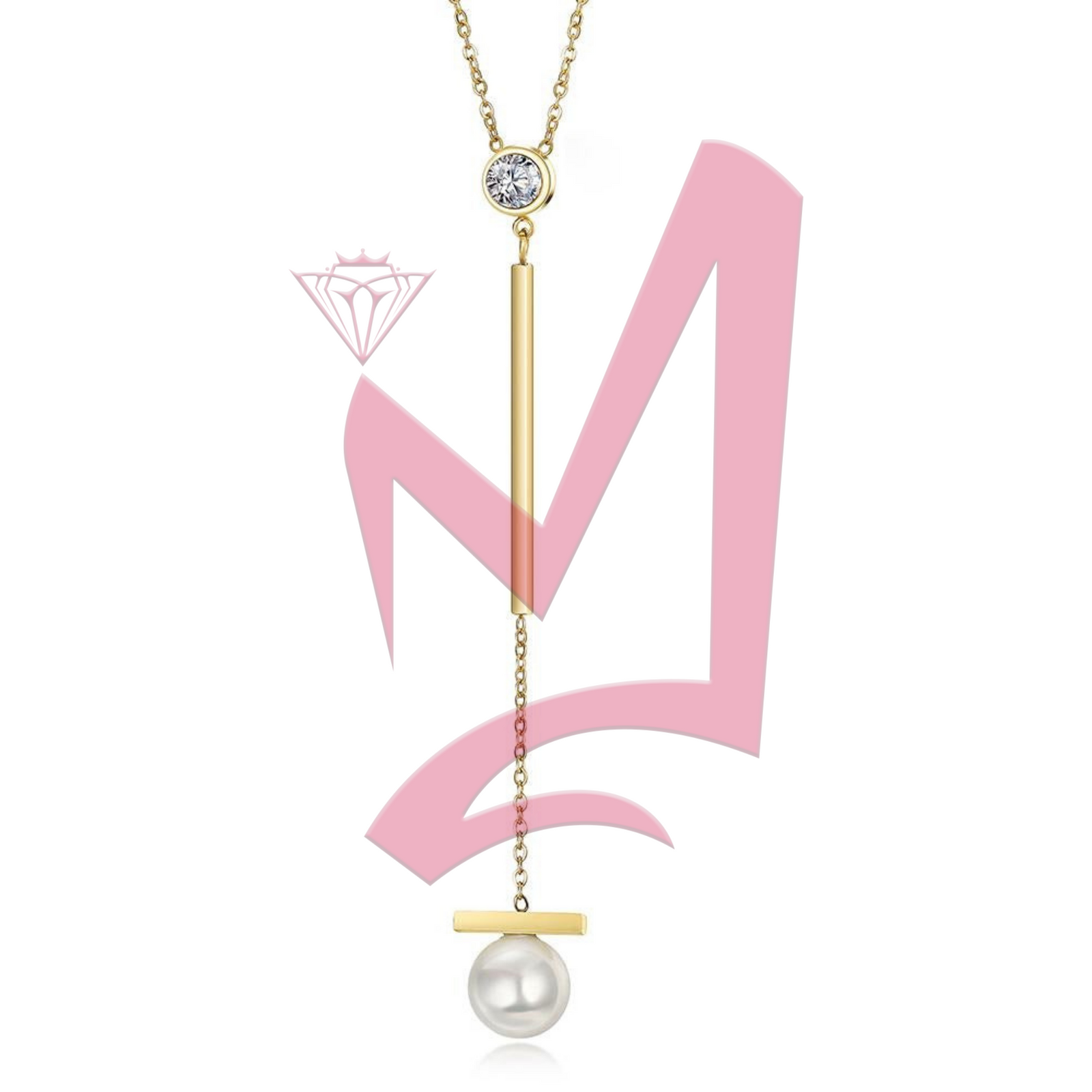 Pearl with Bar Pendant Drop in 14K Plated Gold Necklace