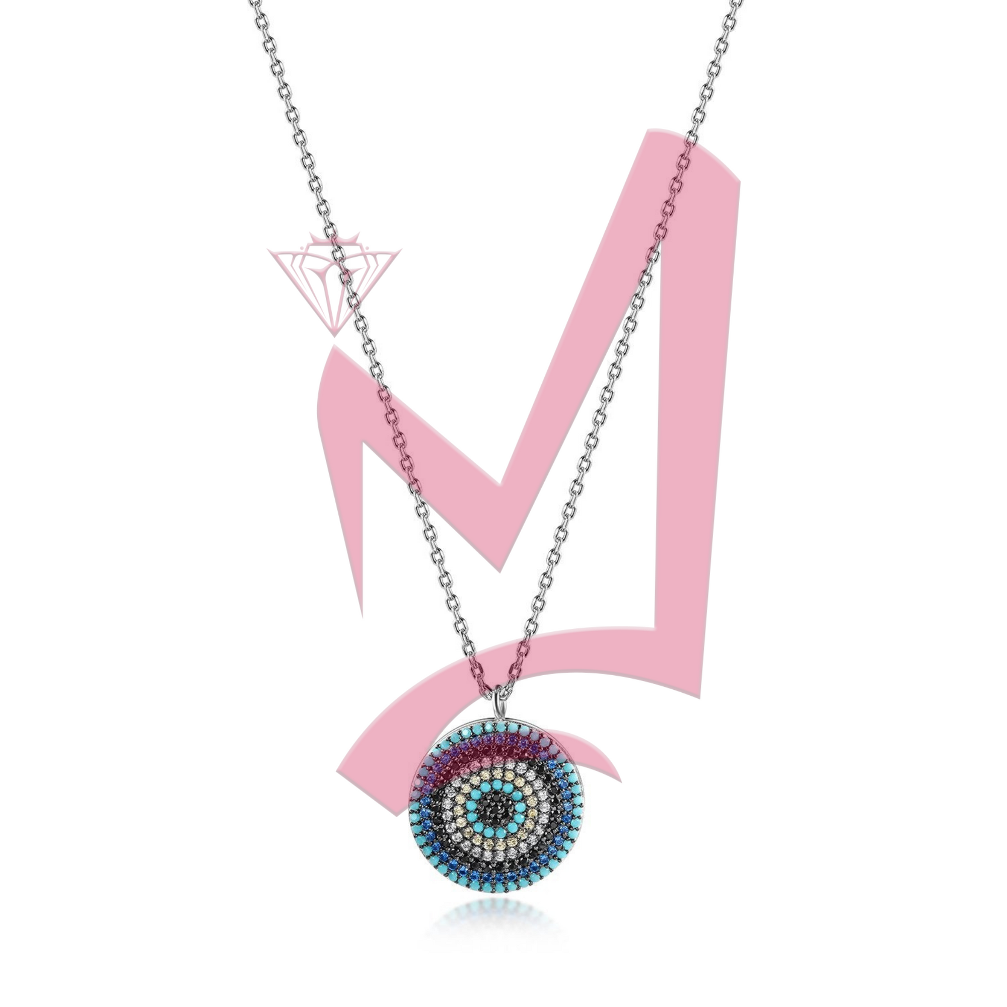 Sterling Silver Round Evil Eye Charm Pendant in 14K Plated Gold Necklace