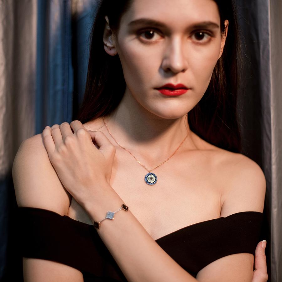 Sterling Silver Round Evil Eye Charm Pendant in 14K Plated Gold Necklace