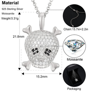Moissanite Skull & Crossbones Pendant Sterling 925 Silver Necklace