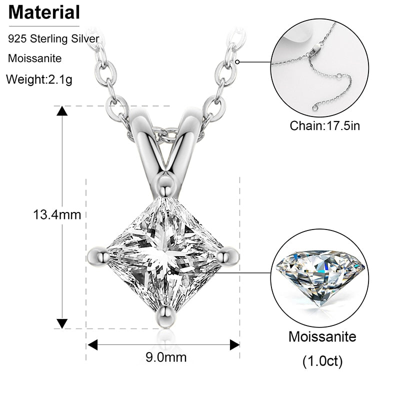 Moissanite Diamond 1 Carat Princess Square Pendant 100% 925 Sterling Silver