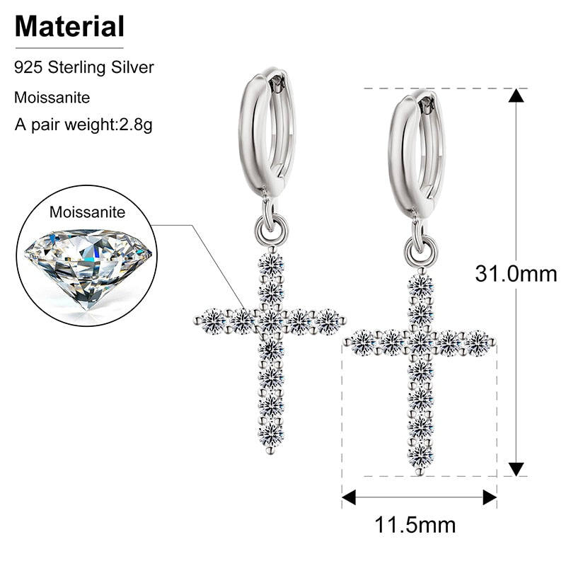 Religion Moissanite Cross Earrings 100% 925 Sterling Silver