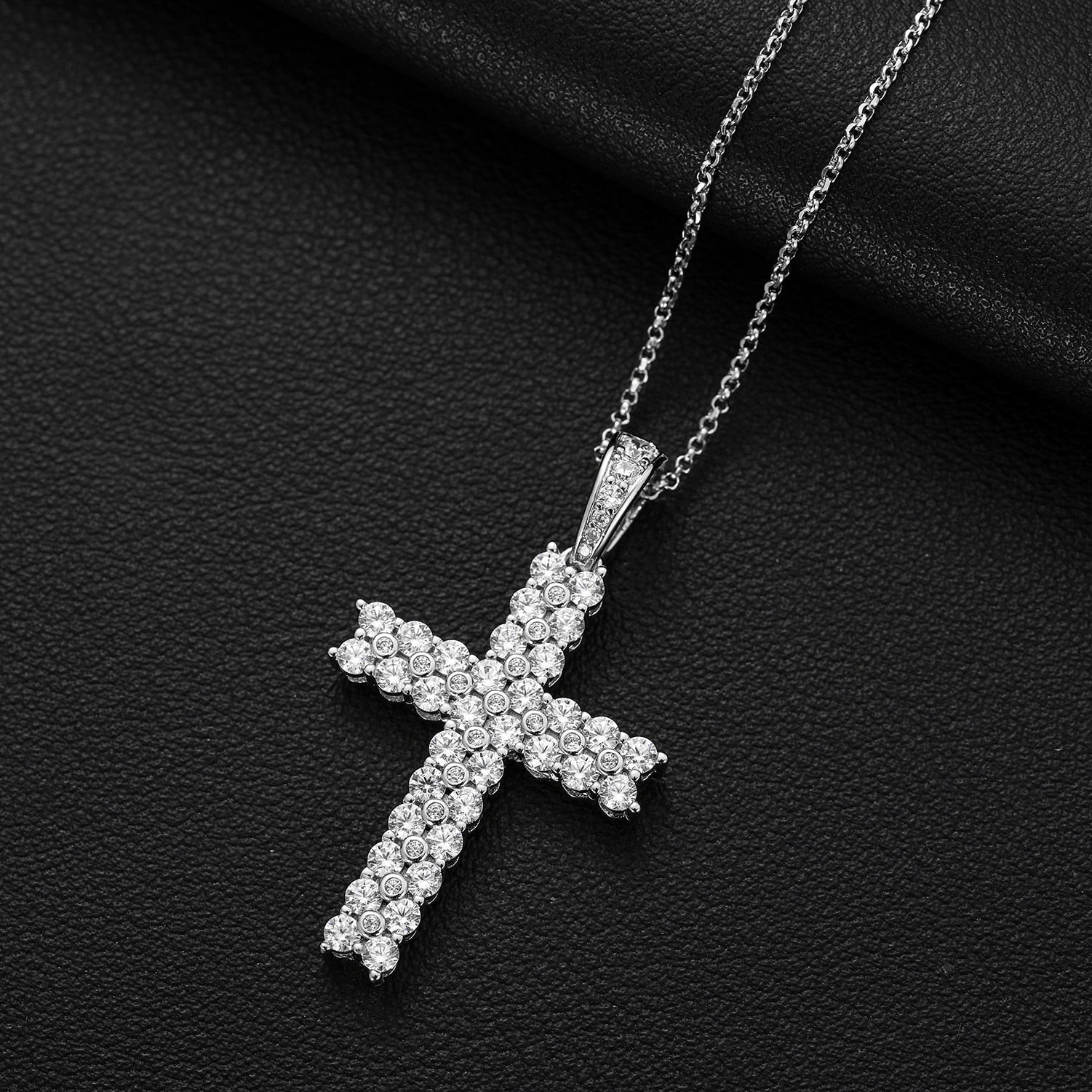 2.3ctw 2 Row Round Cut D Moissanite Religious Cross Pendant  100% Sterling 925 Silver