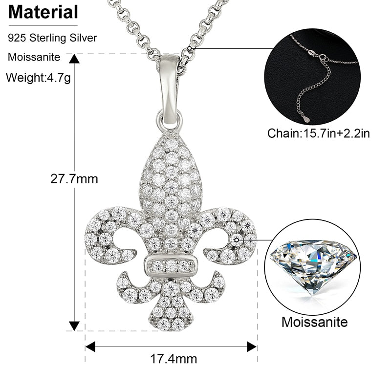 Moissanite Fleur De Lis Pendant Necklace 100% 925 Sterling Silver