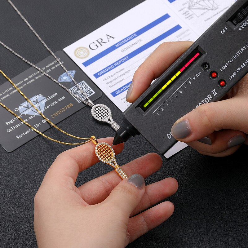 Moissanite Tennis Racket Pendant Necklace 100% 925 Sterling Silver